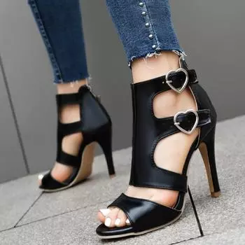 Модная летняя обувь для женщин, босоножки с открытым носком, высокие каблуки, ботильоны с пряжкой, черные, белые, гладиаторские, танцевальные туфли для вечеринок, женские, большого размера 34 чёрный