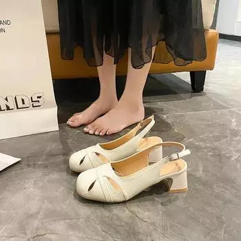 Модная летняя обувь, сандалии из натуральной кожи, повседневные французские ретро-сандалии-гладиаторы с круглым носком, женские туфли на толстом каблуке 34 бежевый
