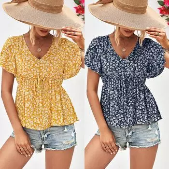 Модная летняя повседневная женская пуловер на шнуровке с v-образным вырезом и цветочным принтом, футболка, топ S темно-синий