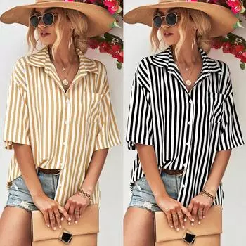 Модная летняя повседневная женская рубашка в полоску с коротким рукавом и одним карманом S черный белый
