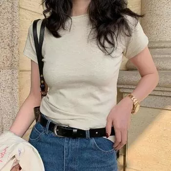 Модная летняя приталенная повседневная футболка женская с коротким рукавом и круглым вырезом женская футболка топы однотонные простые офисные женские футболки одежда 24487 S серый