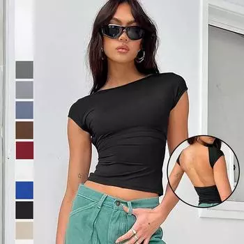 Модная летняя сексуальная футболка Y2K для женщин, нейлоновая влагоотводящая футболка с открытой спиной, удобный дышащий облегающий топ с короткими рукавами XS белый