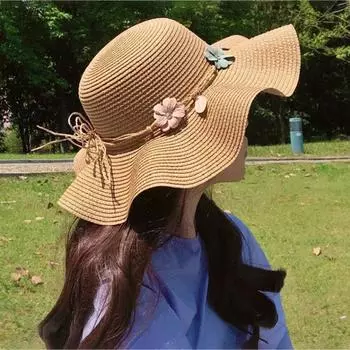 Модная летняя соломенная шляпа для женщин, защита от солнца, для отдыха, туризма, пляжа, большая шляпа с полями, волнистая кружевная шляпа от солнца Adjustable хаки