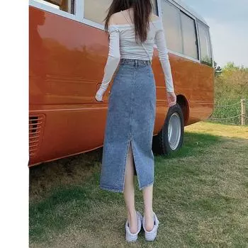 Модная летняя юбка-ковбой с разрезом и трапециевидной формой S