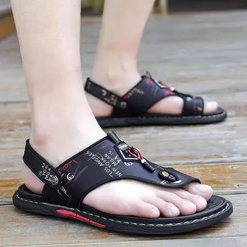 Модная летняя верхняя одежда Мужские кожаные сандалии Тапочки двойного назначения Мужские модные сандалии на мягкой подошве Мужские модные обрезанные ноги 38 чёрный