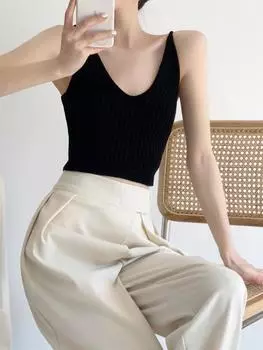 Модная летняя вязаная майка без рукавов с V-образным вырезом, белая женская черная повседневная базовая футболка с открытыми плечами, сексуальные укороченные топы с открытой спиной S чёрный