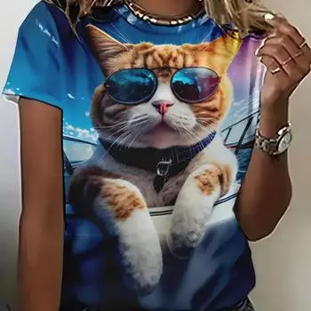 Модная летняя женская футболка с принтом кота, женские футболки с короткими рукавами, женская футболка, топы с круглым вырезом, женская повседневная одежда с животными S