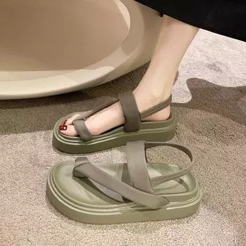 Модная летняя женская обувь на плоской подошве в стиле ретро 2024 года. Новые римские сандалии. Модная платформа для отдыха. Повседневная обувь без застежек на толстой подошве. Zapatillas Mujer. 35 зелёный