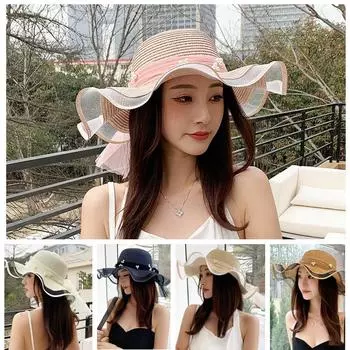 Модная летняя женская пляжная шляпа с широкими полями и полосками, соломенная шляпа с бантом и волнистым кружевом и жемчугом бежевый