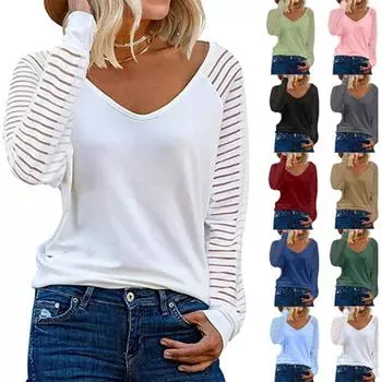 Модная лоскутная футболка с v-образным вырезом и длинным рукавом, повседневные женские топы, свободная блузка S чёрный