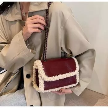 Модная маленькая квадратная сумка из овечьей шерсти для женщин, зимние ретро-сумки на одно плечо через плечо, темпераментные сумки на цепях