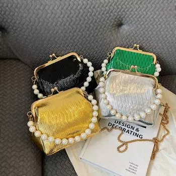 Модная маленькая сумочка с жемчугом, дизайнерская сумка через плечо с замком поцелуя и ремешком-цепочкой, сумка с верхней ручкой для женщин, клубная свадебная вечеринка серебряный