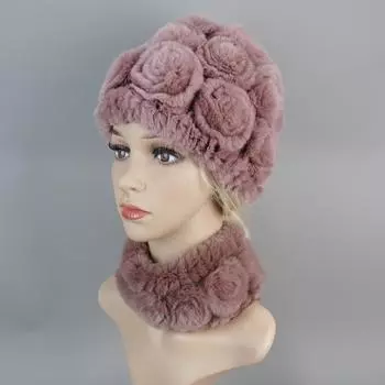 Модная меховая шапка для девочек, женская зимняя натуральная меховая шапка из кролика Рекс, шарф, костюм, высокое качество, женская 100% натуральная меховая шапка Good elasticity