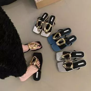 Модная металлическая обувь женские тапочки шлепанцы летние пляжные роскошные туфли на плоской подошве сандалии женские шлепанцы тапочки 35 чёрный