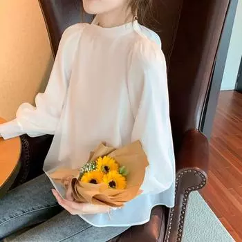 Модная милая белая шифоновая рубашка с рукавом-фонариком и галстуком-бабочкой, женская повседневная свободная элегантная блузка, женская однотонная винтажная тонкая офисная женская рубашка, топы 25736 S белый