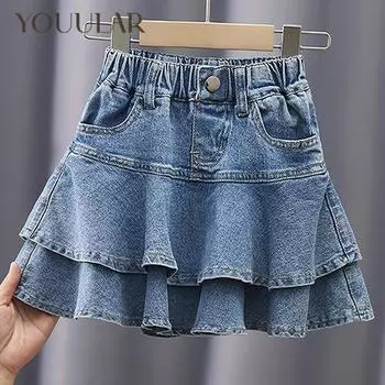 Модная многослойная джинсовая юбка с карманами. Удобная юбка для девочек на лето. 100 синий