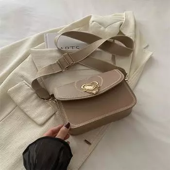 Модная модная сумка-мессенджер Love Shoulder Bag с широким ремнем и вышивкой нитью хаки