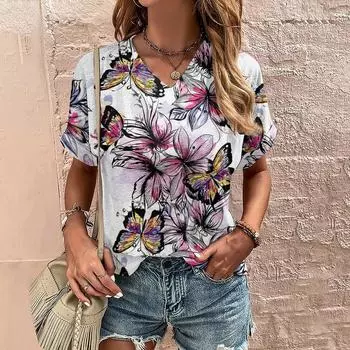 Модная молодежная футболка женская 3D Цветы Печать V-образный вырез короткий рукав дешевые топы футболки летняя женская одежда футболка XXS