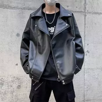 Модная мотоциклетная кожаная мужская весенне-осенняя свободная куртка с лацканами, корейская версия, повседневное мужское пальто из искусственной кожи высокого качества L чёрный