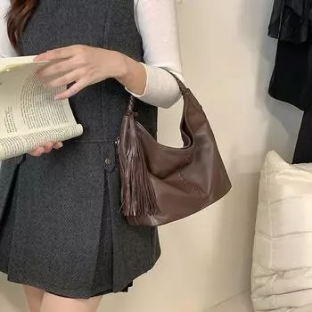 Модная мягкая коровья кожа растительного дубления, натуральная кожа, винтажная сумка через плечо с бахромой coffee чёрный