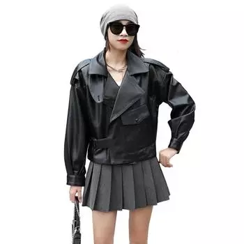 Модная мягкая натуральная дубленка для женщин, куртка из натуральной кожи, короткая весенне-осенняя куртка большого размера L черный кожаный жакет