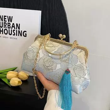 Модная мягкая вышитая цветочная сумка из ткани, женская сумка с кисточками и цепочкой через плечо