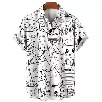 Модная мультяшная линия с рисунком кошки 3D-принт мужская рубашка с коротким рукавом женская повседневная рубашка на пуговицах S