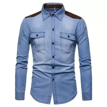 Модная мужская джинсовая рубашка в ковбойском стиле, мужская повседневная хлопковая рубашка с длинными рукавами, тонкая однотонная рубашка 3XL синий
