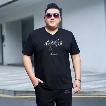 Модная мужская футболка больших размеров с короткими рукавами и v-образным вырезом Fat Man Oversized Популярная рубашка с короткими рукавами Топы негабаритных размеров 2XL чёрный