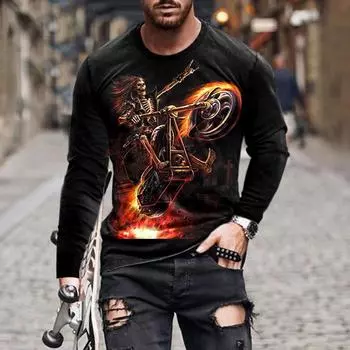 Модная мужская футболка с 3D-принтом черепа и пламенем, графические футболки с длинными рукавами и круглым вырезом, мужская одежда, уличные топы y2k 5XL