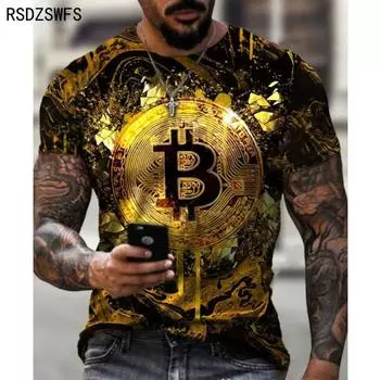 Модная мужская футболка с биткойн-графикой и 3D принтом, летняя уличная одежда с круглым вырезом и коротким рукавом, повседневные свободные топы, футболка, мужская одежда S