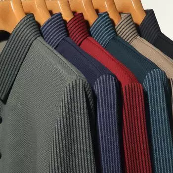 Модная мужская футболка с длинными рукавами в полоску в корейском стиле, модный и универсальный лацкан, свободный низ среднего возраста M