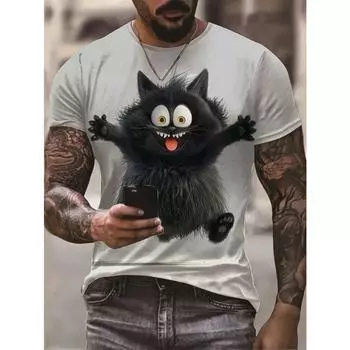 Модная мужская футболка унисекс с графическим принтом кота. Удобная футболка с круглым вырезом для летнего отдыха на природе и повседневного стиля. Легкий привлекательный дизайн. Основной предмет гардероба. XL