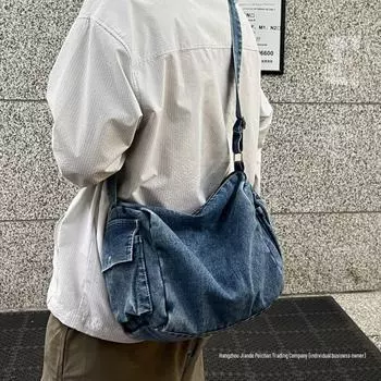 Модная мужская и женская сумка-мессенджер из денима в стиле Харадзюку в Гонконге, идеально подходит для учебы и работы. темно-синий