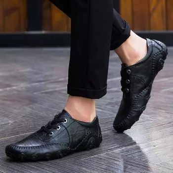 Модная мужская кожаная обувь 2024 года, мужские удобные мокасины, мужская обувь на плоской подошве, мужская обувь для вождения, мужские кожаные кроссовки, мужская обувь для лодок 38 чёрный