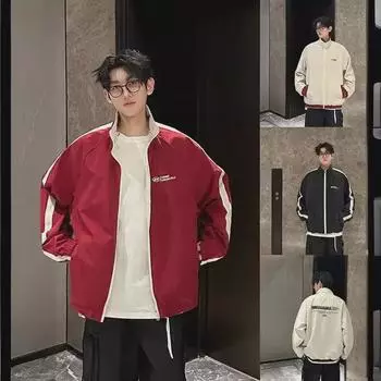 Модная мужская куртка 2024 года: Весна/Осень, Хай-стрит, Гонконгский стиль, Харадзюку, Корейский, Свободный крой L красный