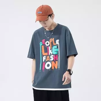Модная мужская летняя футболка из чистого хлопка с половиной рукавов Корейская версия Instagram Персонализированная повседневная мужская рубашка с буквенным принтом и короткими рукавами M серый