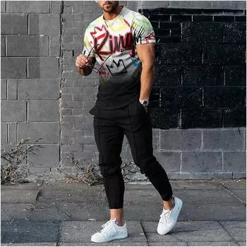 Модная мужская летняя комплект из 2 предметов: футболка + брюки, повседневные спортивные штаны большого размера, уличная одежда, мужской костюм для уличной одежды L