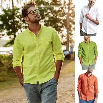 Модная мужская летняя повседневная блузка с длинными рукавами из льна и хлопка на пуговицах XL синий