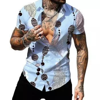 Модная мужская новая рубашка с 3D принтом и перьями, повседневная пляжная праздничная рубашка с короткими рукавами S синий