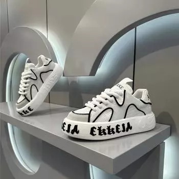 Модная мужская обувь 2025 года, осень, знаменитости из Интернета, новая толстая подошва, усиленная кожаная поверхность, дышащая, мягкая подошва, модная повседневная спортивная обувь для пап 39 белый