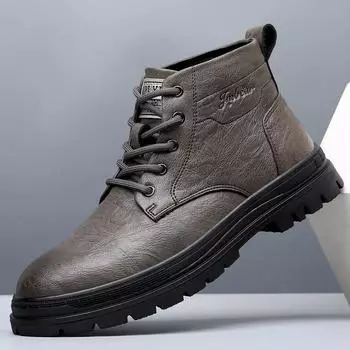 Модная мужская обувь осень-зима толстая подошва теплые кожаные ботинки с хлопком британский стиль мужские модные короткие рабочие ботинки 2024 38 хаки