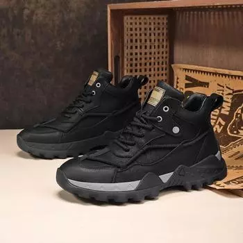 Модная мужская обувь весна-осень Высокие модные кожаные ботинки для мотоциклистов Удобные ботинки для отдыха на открытом воздухе Ботинки на шнуровке для мужчин 39 чёрный