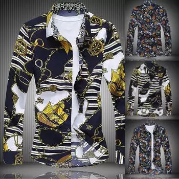 Модная мужская повседневная футболка с цветочным принтом и длинными рукавами, верхняя блузка XXL чёрный