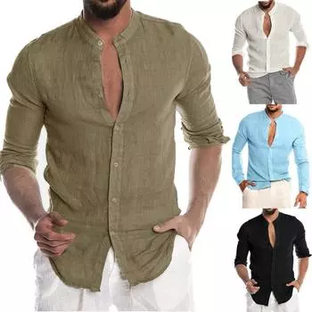 Модная мужская повседневная однотонная пляжная блузка с длинными рукавами на пуговицах L белый