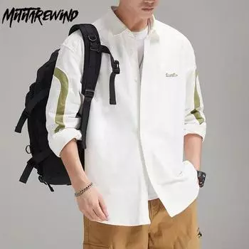 Модная мужская рубашка 4XL, весенняя молодежная уличная одежда, 100 хлопка, повседневная, с отложным воротником, с длинным рукавом, с лоскутным дизайном, мешковатые рубашки M белый