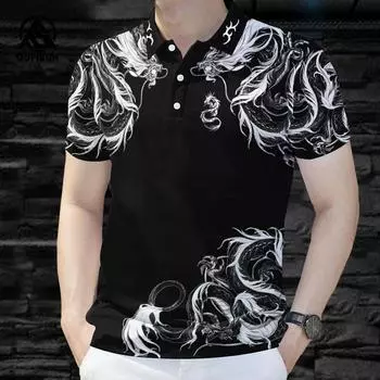 Модная мужская рубашка поло с рисунком дракона, рубашка поло с коротким рукавом, тонкая мужская рубашка поло с рисунком животного, топ с коротким рукавом S