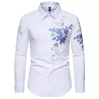Модная мужская рубашка с длинным рукавом с цветочным принтом, новое поступление, повседневные рубашки для мужчин, повседневные рубашки для вечеринок и ночных клубов US L чёрный