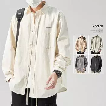 Модная мужская рубашка с длинными рукавами на весну и осень с простыми буквами для пожилых людей, однотонная рубашка с вышивкой, универсальная свободная рабочая хлопковая куртка M чёрный
