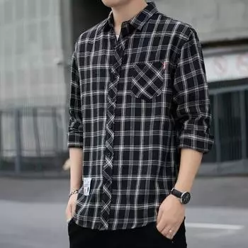 Модная мужская рубашка с длинными рукавами, весенне-осенняя мужская клетчатая рубашка, прямая молодежная модная рубашка с квадратным воротником M чёрный